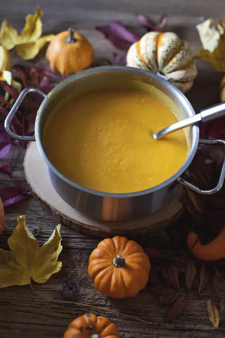 Pumpkin and sweet potatoes soup in a cooking pot, Autumn leaves and different pumkins varieties on a rustic wooden table