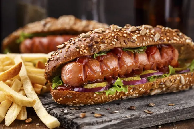 Barbecue grilled hot dog with french fries
