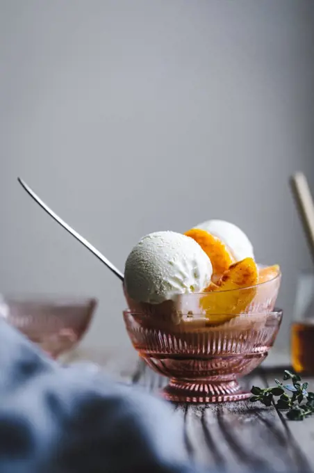 Honey & Lemon Thyme Ricotta Ice Cream with Vanilla Peaches