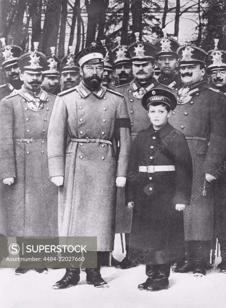Tsar Nicholas II of Russia. 1868-1918. The last emperor of Russia. Pictured with his son Tsarevich Alexei Nikolaevich.
