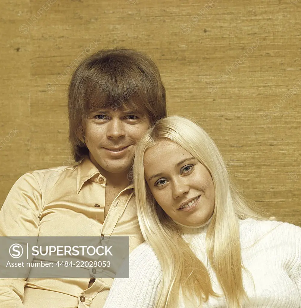 ABBA. Agnetha Fältskog. Singer. Member of the pop group ABBA. Born 1950. Pictured here at home with her fiance Björn Ulvaeus 1970 whom she married on 6 July 1971. Photo: Kristoffersson