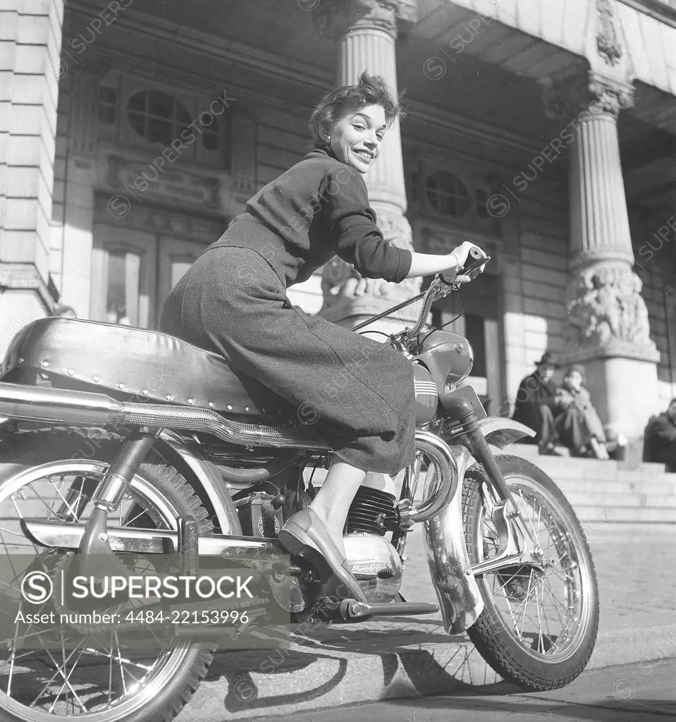 Margit Carlqvist , swedish actress, born 1932, pictured here on a Husqvarna motorcycle model 281 sport, 1954. Photo Kristoffersson Ref BO63-3