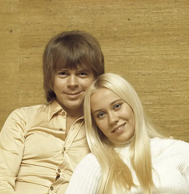 ABBA. Agnetha Fältskog. Singer. Member of the pop group ABBA. Born 1950. Pictured here at home with her fiance Björn Ulvaeus 1970 whom she married on 6 July 1971. Photo: Kristoffersson