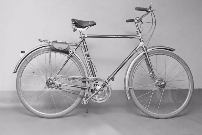 1950s bicycle. An exclusive model for men made by Swedish manufacturer Nymanbolaget for the brand Crescent. It has drum breaks on the front wheel, three gears, practical leather case for tools and a holder for the bicycle pump. The company marketed itself as producing the World champion bike. Sweden 1956