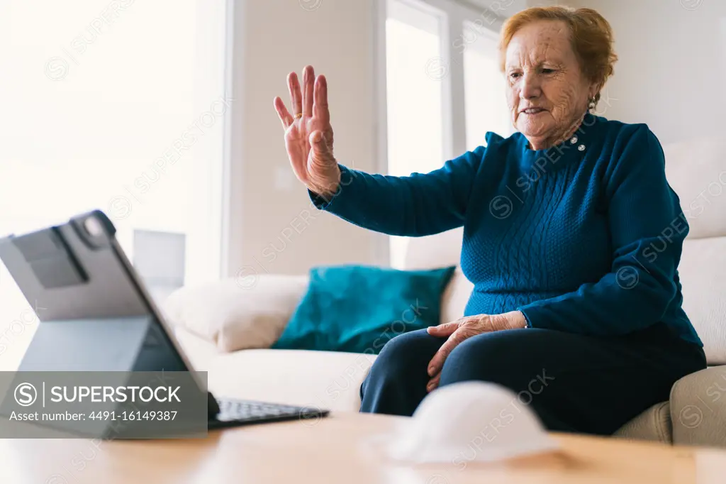 Senior woman communicating with friend during video chat on laptop
