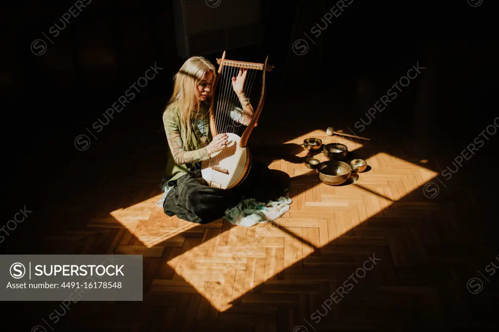 Lady playing lyre in dark room
