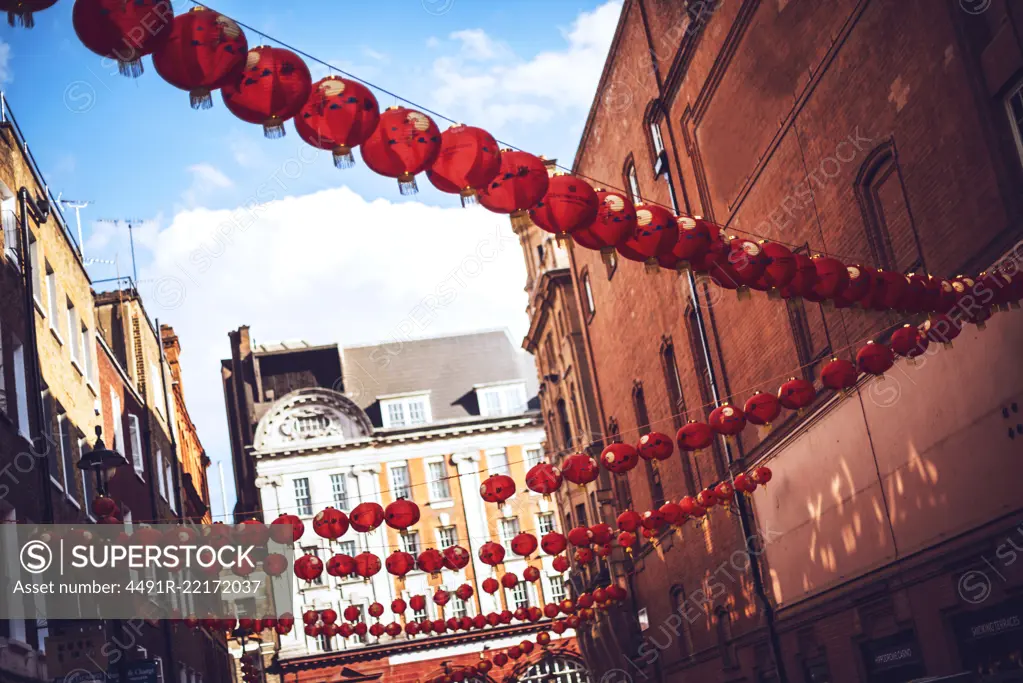 Rows and rows of paper lanterns at Chinatown in London