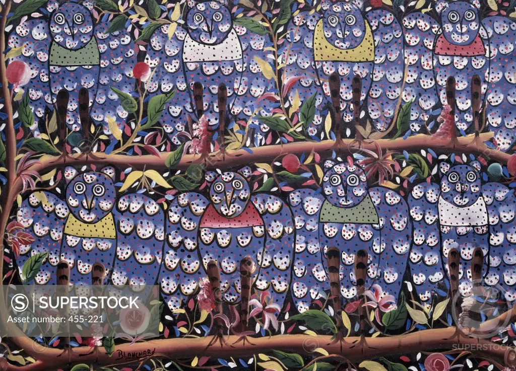 Eight Owls,  by Blanchard,  oil on canvas,  Haiti,  Private Collection