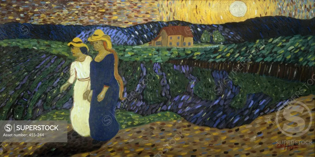 Two Women Crossing the Field,  by Ran Horn,  (20th Century)