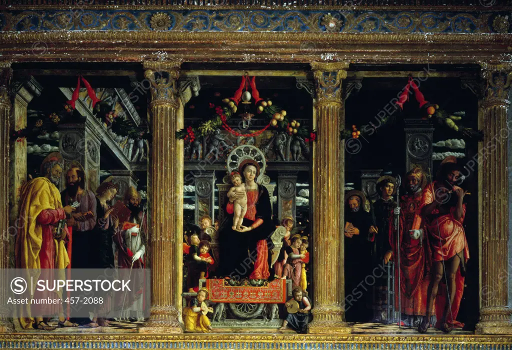 Italy, Verona, Saint Zeno, Madonna Enthroned with Saints from alterpiece triptych by Andrea Mantegna, 1431-1506