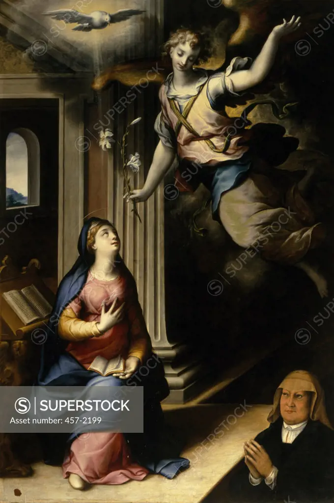 The Annunciation by Teodoro d'Errico Dirck Hendricksz,  oil on wood,  (circa 1550-1618),  Italy,  Napoli,  Curia Vescoville