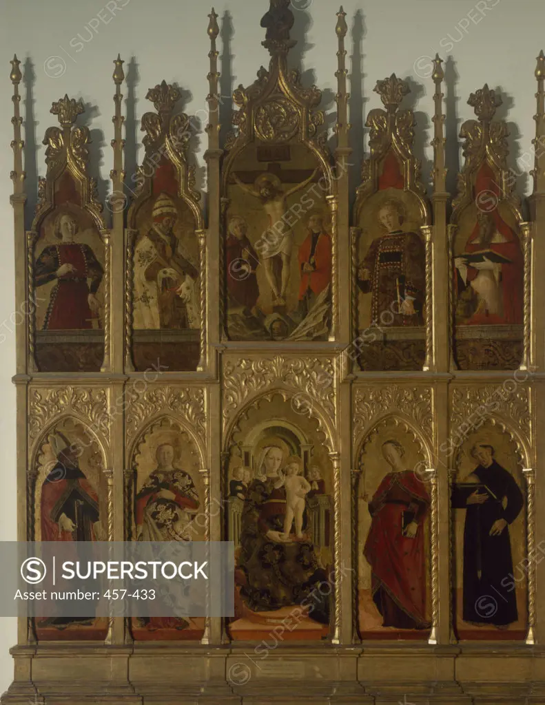 Polyptych of Gualdo Tadino (Virgin Enthroned, Crucifixion, and Saints) by Girolamo di Giovanni da Camerino, 1450-1473, Italy, Milan, Pinacoteca di Brera