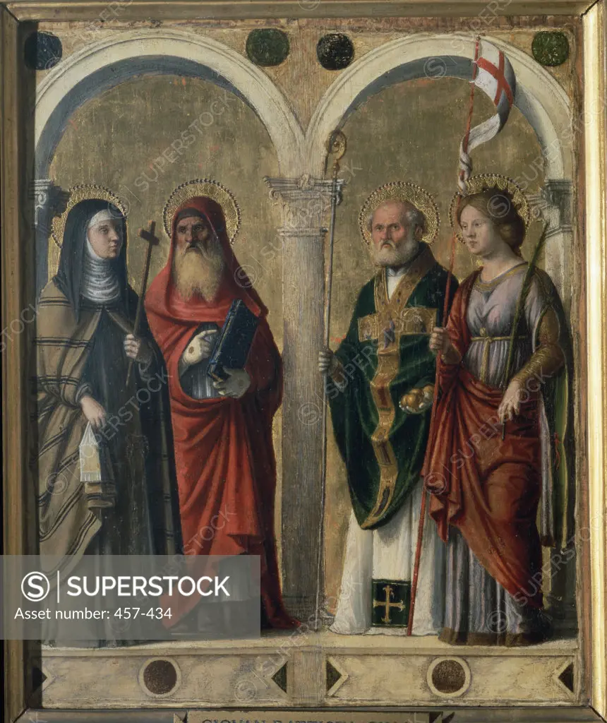 Saints Monica, Jerome, Nicholas and Ursula  Giovanni Cima da Conegliano (ca.1459-1517 Italian) Oil On Burlap Pinacoteca di Brera, Milan, Italy
