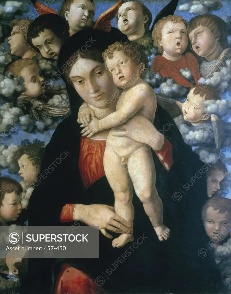 Madonna and child with cherubs,  by Andrea Mantegna,  tempera on wood panel,  (1431-1506),  Italy,  Milan,  Pinacoteca di Brera
