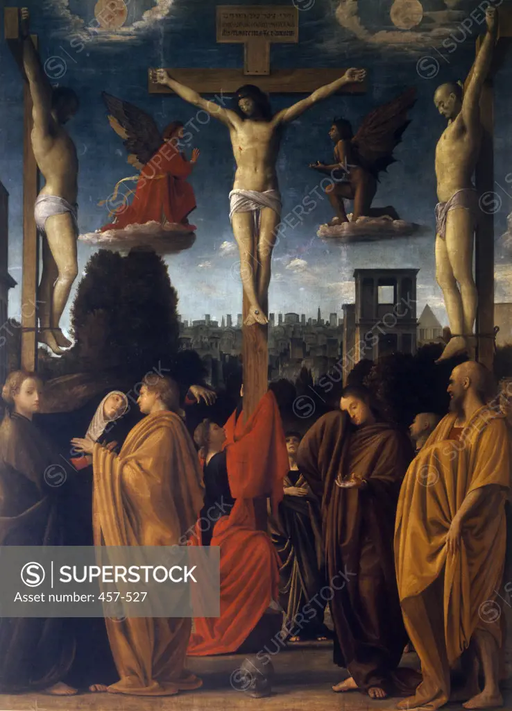 Crucifixion by Bramantino (Bartolommeo Suardi),  oil on canvas,  (circa 1465-1530),  Italy,  Milan,  Pinacoteca di Brera