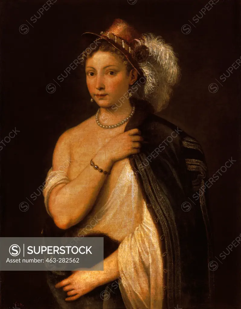 Titian / Yg. Woman with Plumed Hat / 1536Titian, orig. Tiziano Vecelli (o),c. 1487/90 - 1576.
