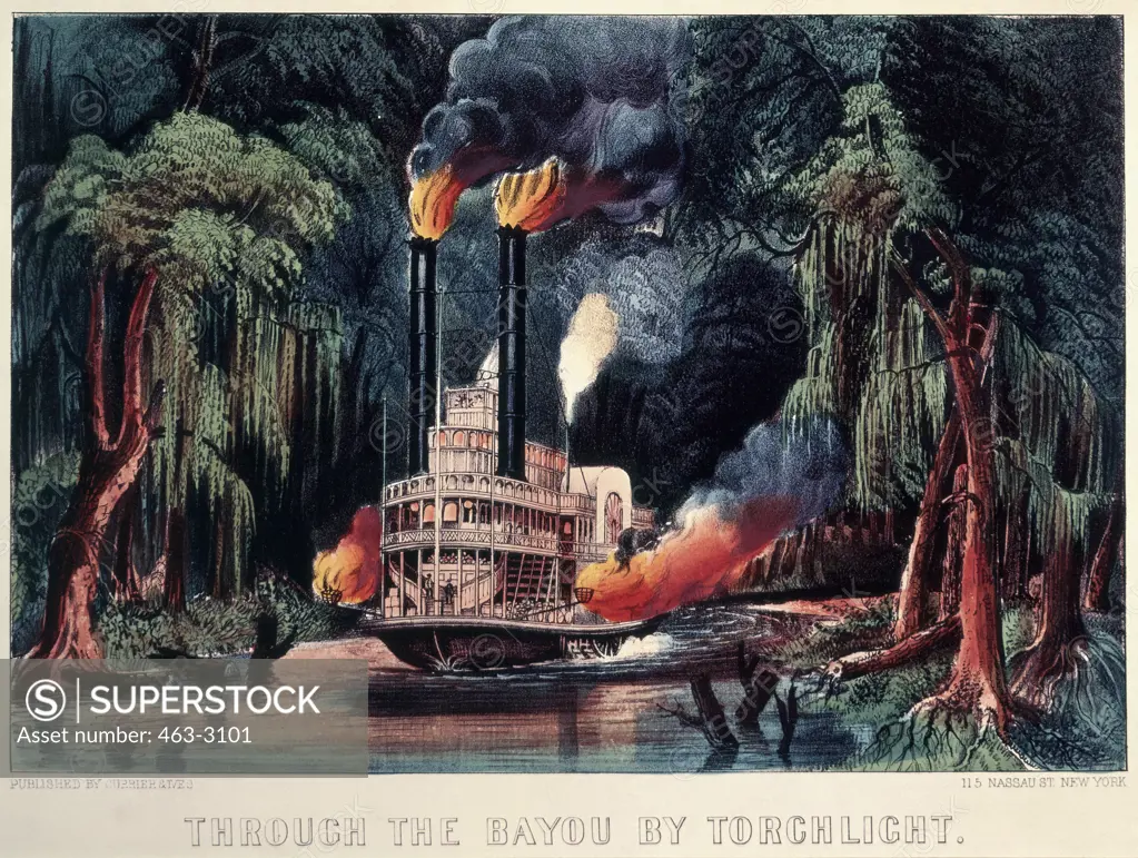 Through the Bayou by Torchlight 1850 Currier & Ives (active 1857-1907 American) Color lithograph