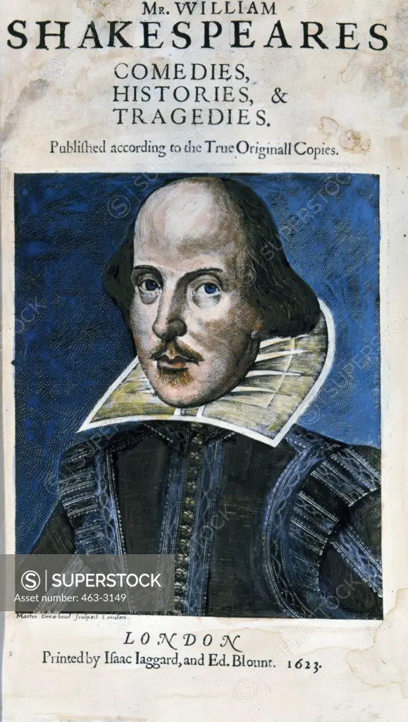 Portrait of the William Shakespeare on the Cover of the First Complete Edition of the Plays by Martin Droeshout II,  birth 1601