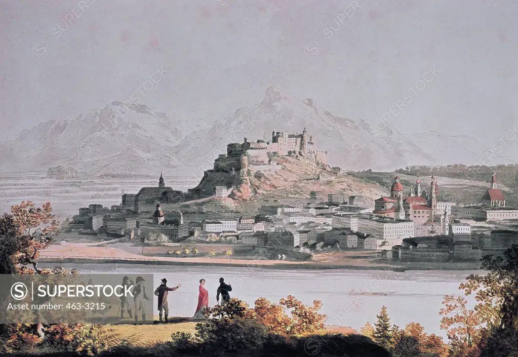 City View From Kapuzinr Hill in Salzburg by Anton Balzer,  1771-1807 German,  colored etching,  Salzburg,  Austria,  Museum Carolino Augusteum,  1802