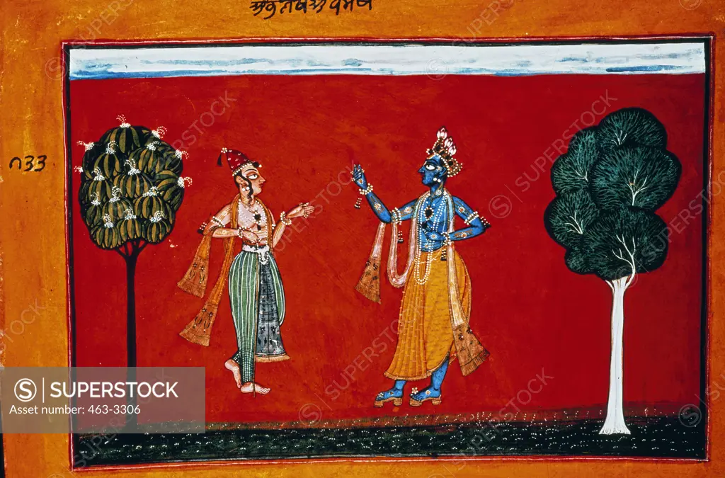 Krishna Tells a Friend About Being in Love  Illustration to the Poem "Rasamanja-Ri" Indian Art  Gouache on paper