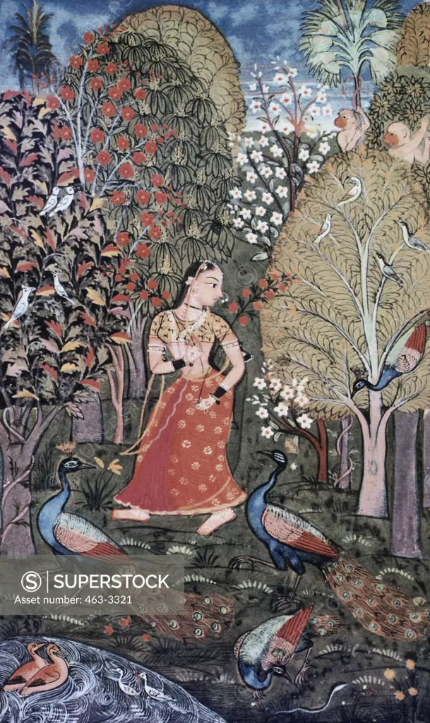 Girl With Flower Branches Illustration Of A Musical Key Circa 1860 Indian Art Illustration 