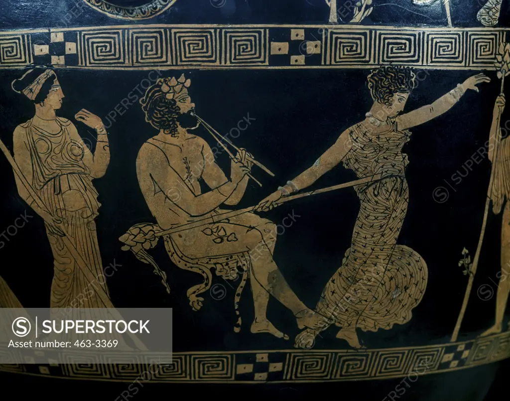 Dance of the Meanads in front of Dionysus Attic Vase Painting  Studio of the Meidias Painter 400 B.C. Badisches Iandesmuseum, Karisruhe, Germany 