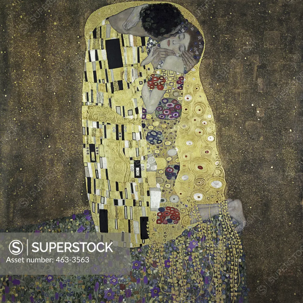 The Kiss 1907-08 Gustav Klimt (1862-1918 Austrian)  Oil on canvas Osterreichische Galerie Belvedere, Vienna, Austria 