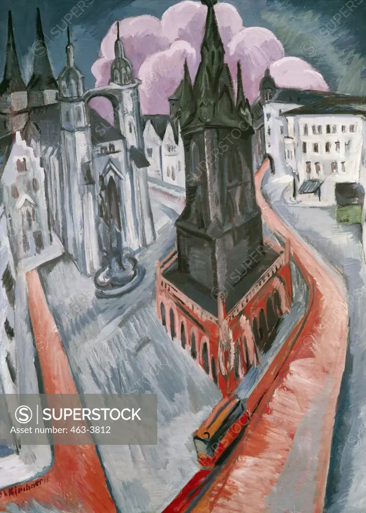 Der Rote Turm in Halle by Ernst Ludwig Kirchner,  1880-1938 German,  tempera on canvas,  Germany,  Essen,  Folkwang Museum,  1915