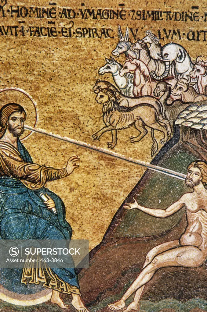 The Creation of Adam,  artist unknown,  mosaic,  Italy,  Sicily,  Monreale Cathedral,  12-13th century