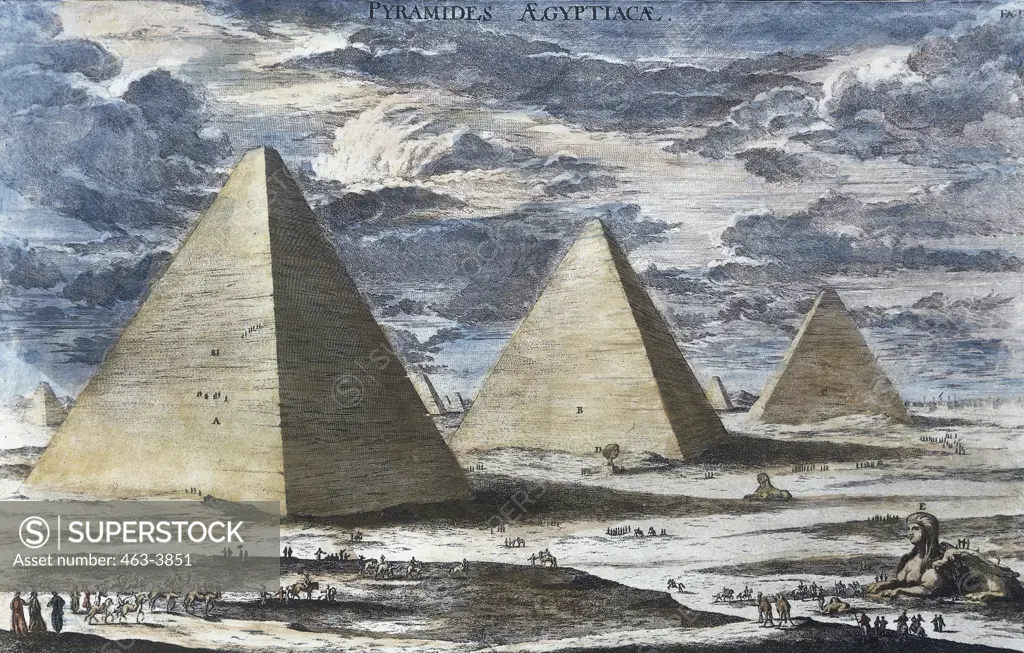 Egypt,  Giza,  Pyramids of Khufu and Menkaure with Sphinx in foreground,  by Johann Bernhard Fischer von Erlach,  copper engraving,  (1656-1723),  Egyptian Art