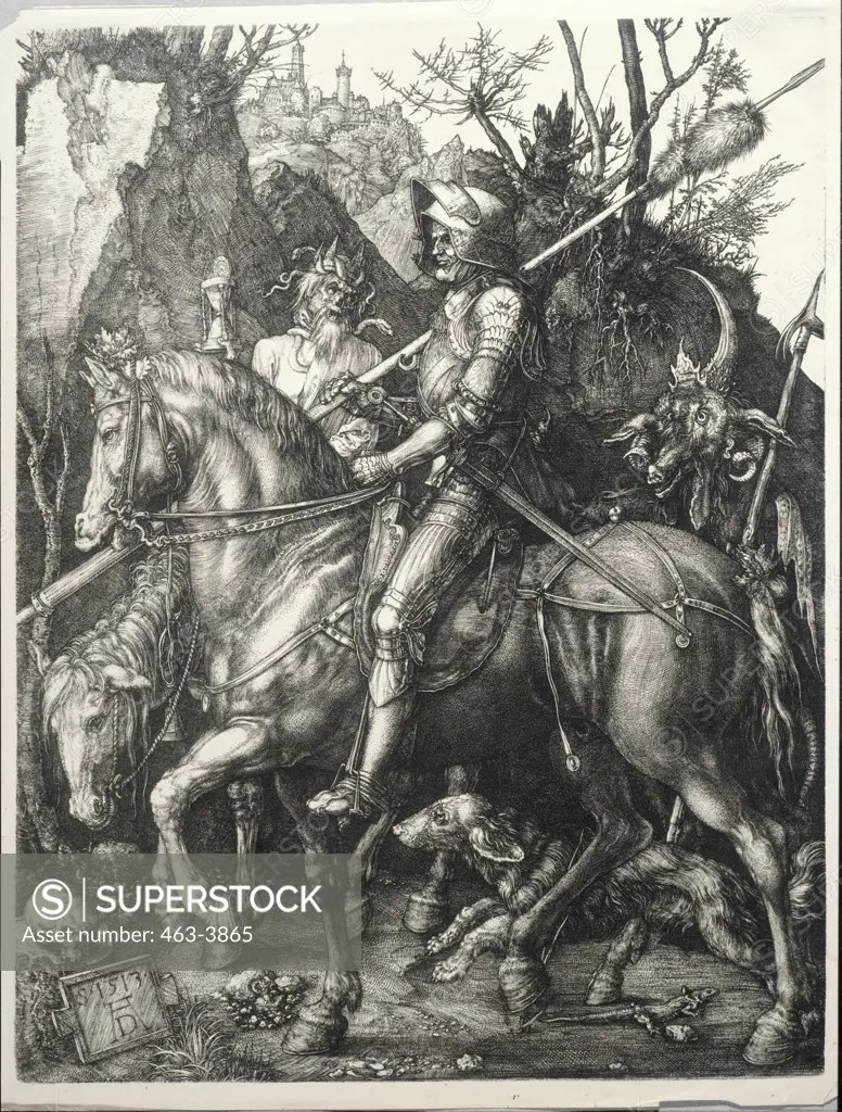 Knights, Death, and the Devil 1513 Albrecht Durer (1471-1528 German) Copper engraving Kunsthalle, Karlsruhe, Germany        