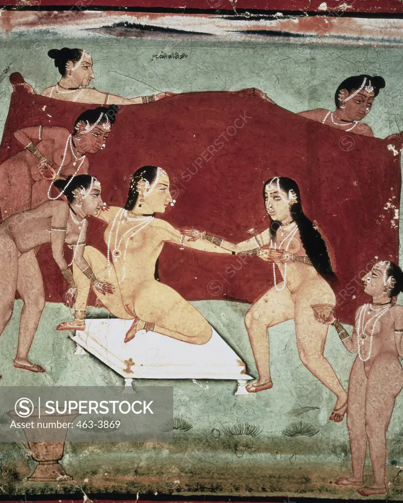 A Woman Has Her Body Rubbed With Oil By Her Female Servants Late 18th Century Indian Art Gouache On Paper 