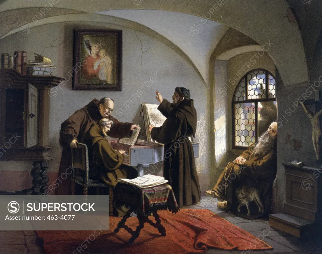 Cloistered Life by Otto Johann Heinrich Heyden,  1820-1897,  German color lithograph,  1860