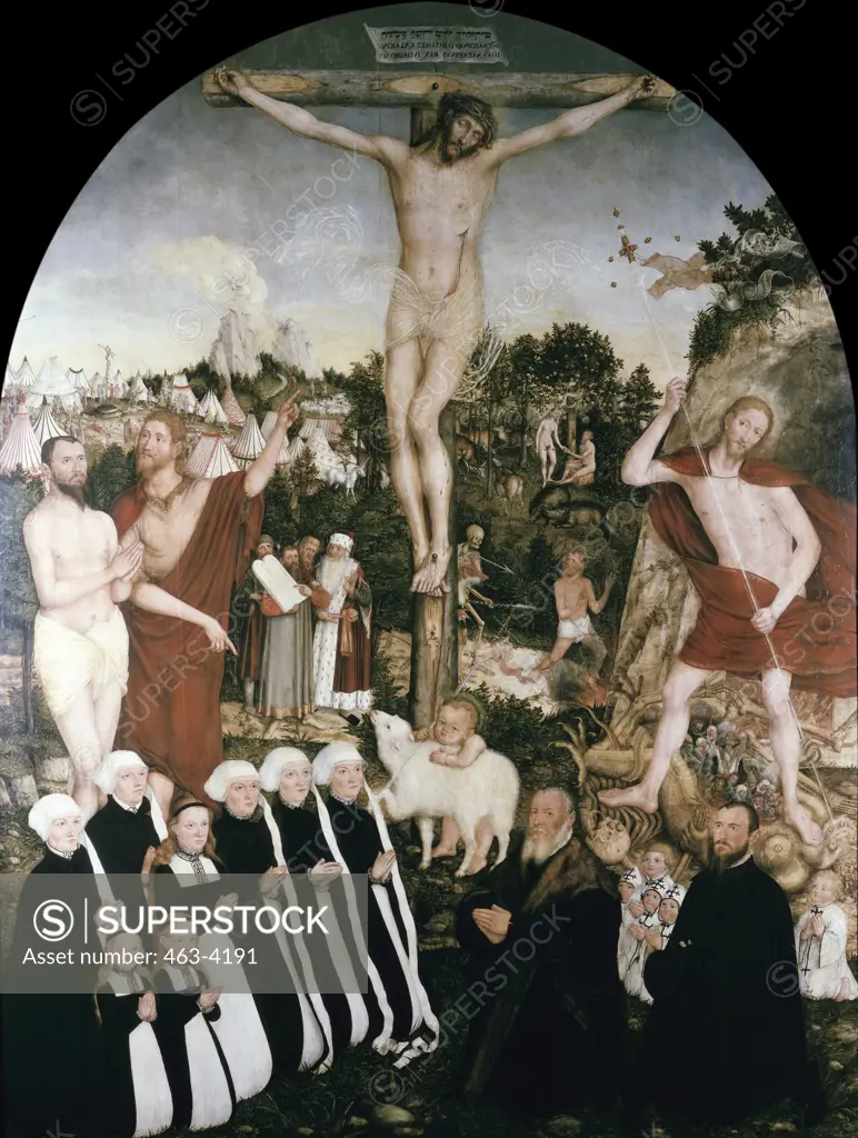 Crucifixion of Christ by Lucas Cranach the Younger,  1515-1586,  German,  oil on wood panel,  Germany,  Leipzig,  Museum der Bildenden Kunste,  1557