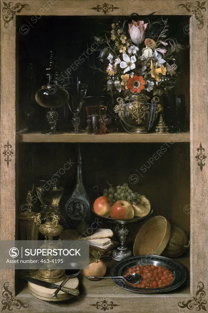 Shelves with Flowers and Fruit Georg Flegel (1563-1638/Czech) Narodni Gallery, Prague 