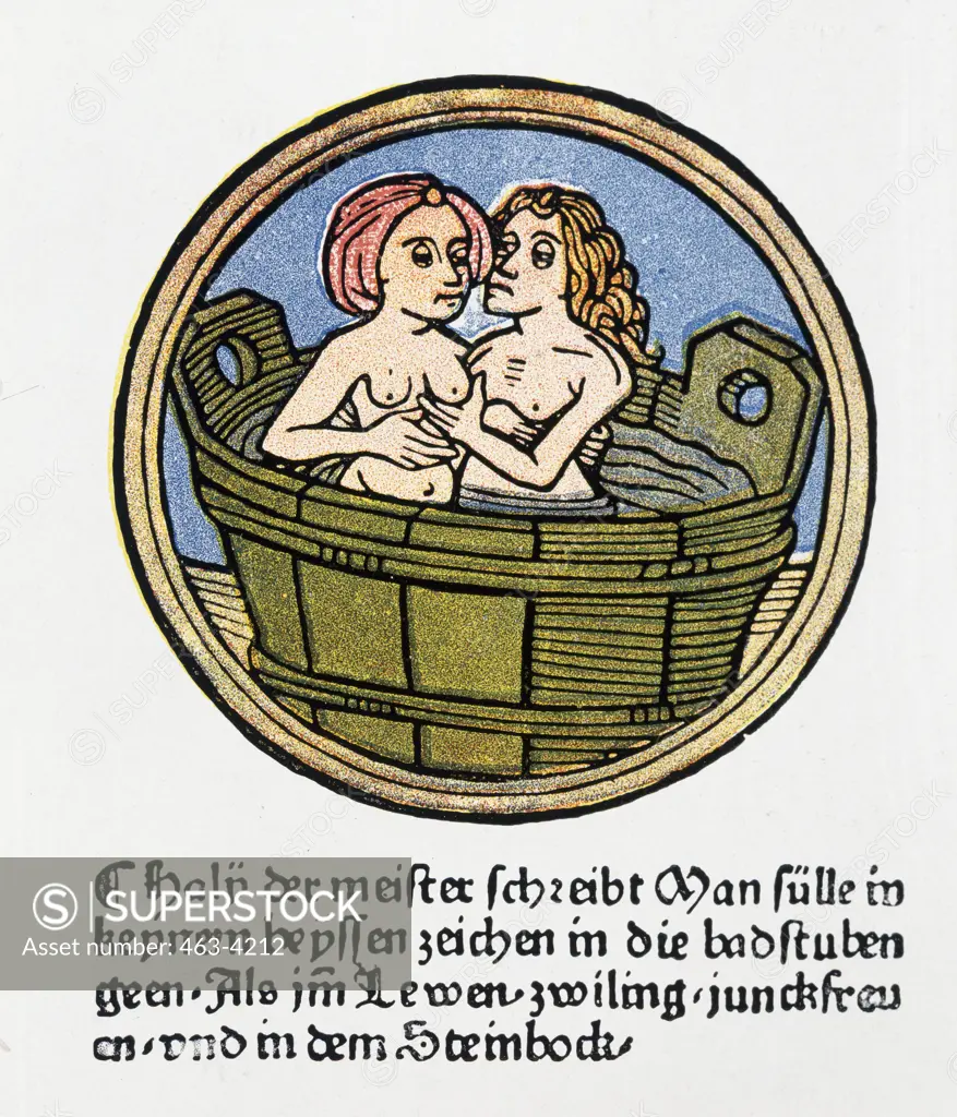 Lovers in a Bathtub,  artist unknown,  woodcut print,  15th century