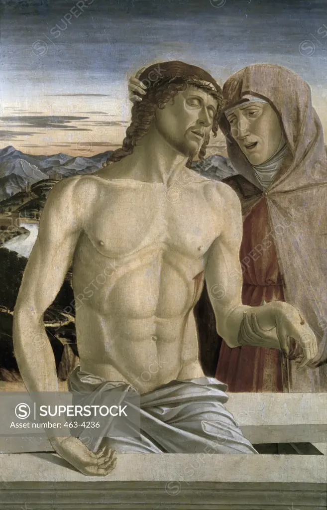 Maria With Christ's Body by Giovanni Bellini,  ca.1430-1516,  Italian,  oil on wood panel,  Germany,  Dresden,  Gemaldegalerie