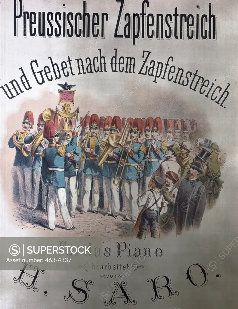 Prussian Taps and Prayer After Taps,  Coversheet,  artist unknown,  color lithograph,  1885