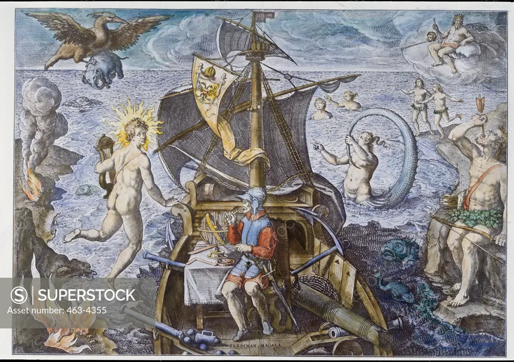 Allegorical Glorification of Magellan's Sail Around the World, 1520-1522 Philip Galle (1537-1612 Netherlandish) Colored copperplate