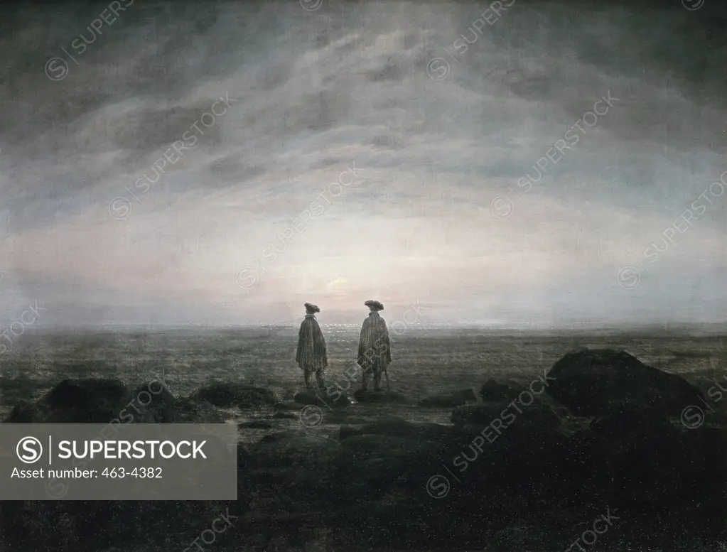 Two Men at the Seaside While the Moonrises by Caspar David Friedrich,  oil on canvas,  Germany,  Berlin,  Staatliche Museen Preussischer Kulturbesitz,  1817