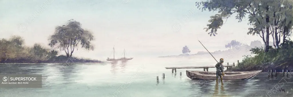 Hosen- River Landscape With Boat Walkway,  watercolor,  1905