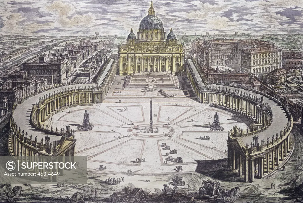 St. Peter's Cathedral & St. Peter's Square, Vatican City Giovanni Battista Piranesi (1720-1778 Italian)  Colored copperplate