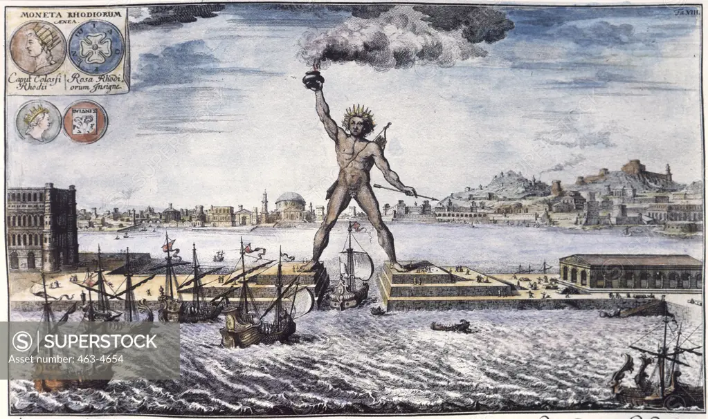 The Colossus of Rhodes 1800 World History/Greece  Colored copperplate