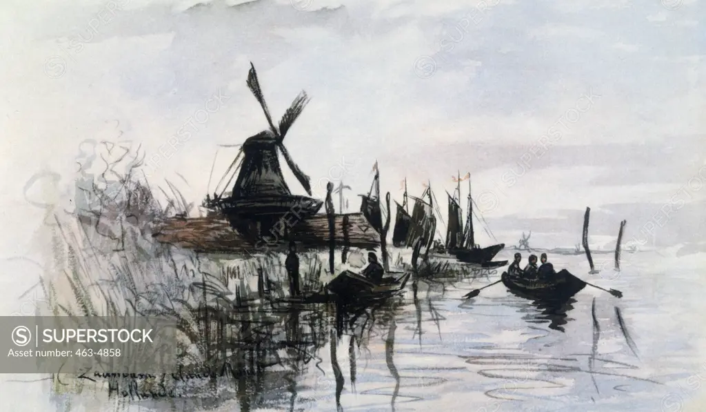 Windmill in Zaandam near Amsterdam,  by Claude Monet,  1840-1926 French,  watercolour painting,  Private Collection,  1870/71