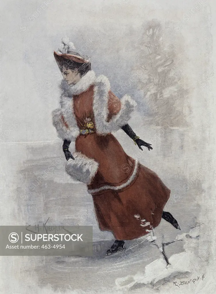 Winter Pleasures 1895 Carl Hermann Kuechler (1866-1903 ) Colored Wood Cut