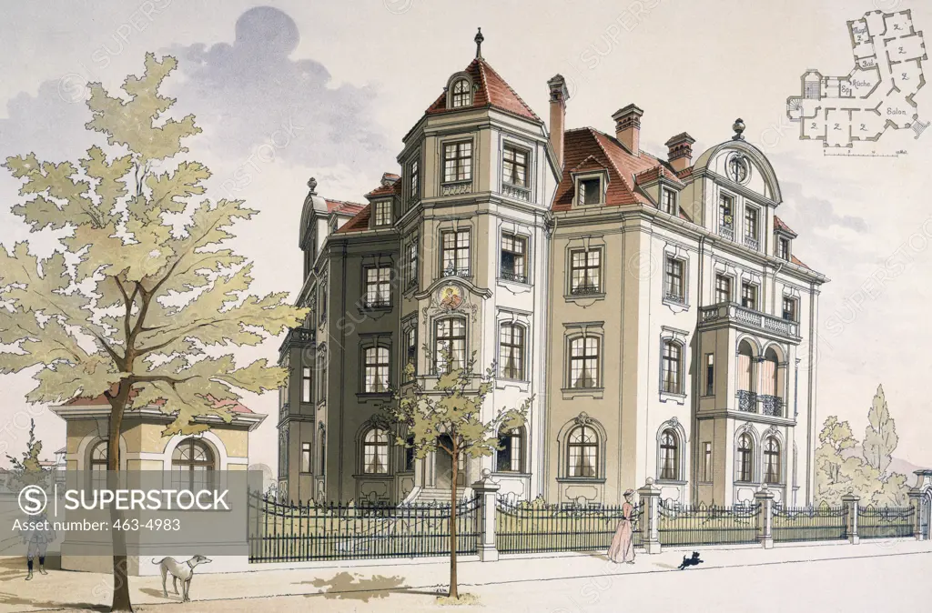 Apartment House in Munich,  architecture by Vogt and Neuhof,  colour lithograph,  1890