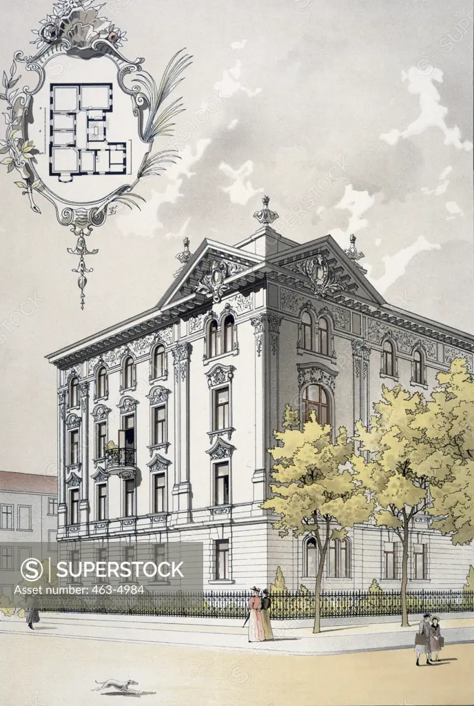 Apartment House in Munich,  architecture by Vogt and Neuhof,  colour lithograph,  1890