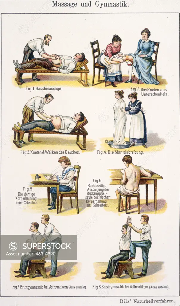 Massage and Exercises,  colour lithograph,  artist unknown,  1901