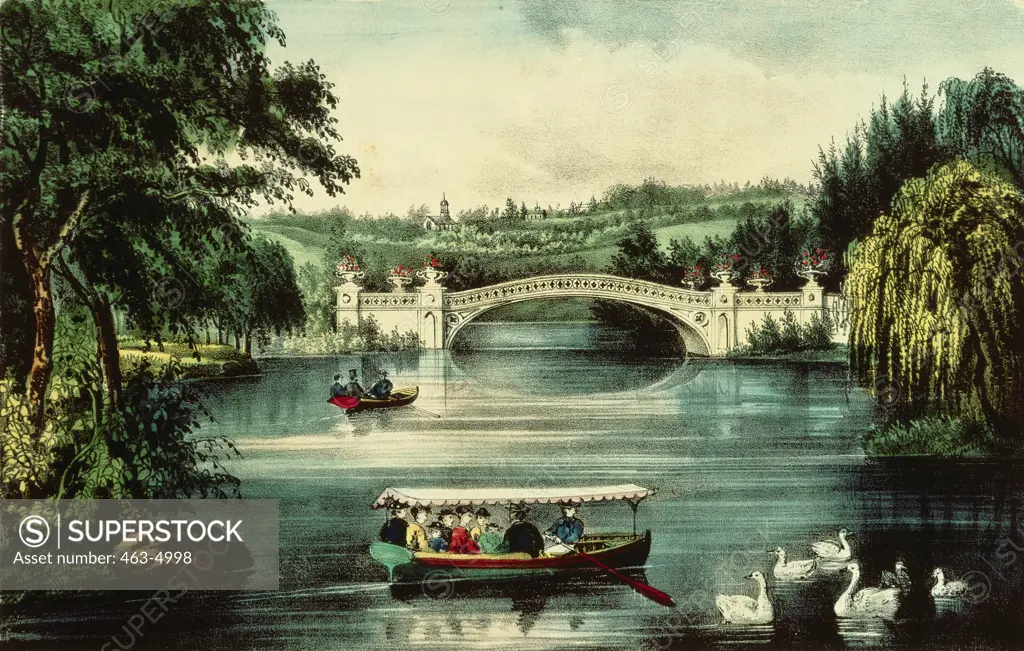 Central Park- The Bridge 1860 Currier & Ives (1834-1907 American) Color Lithograph