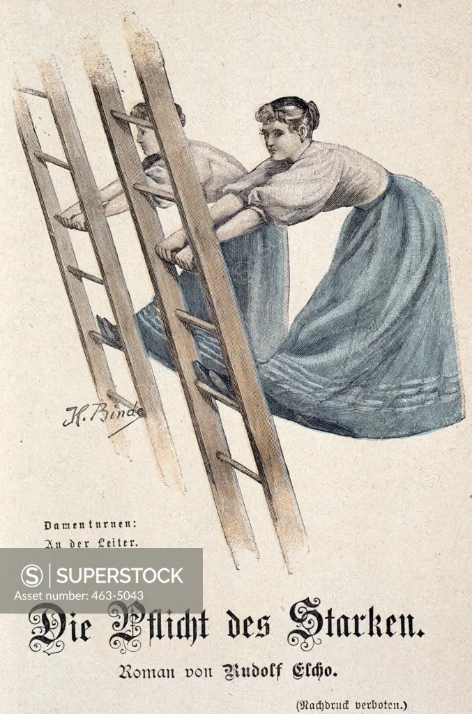 Lady Gymnists,  On the Ladder,  by H. Binde,  19th C.,  watercolour engraving,  1895